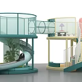 Colorful Children's Playground With Spiral Slide Transparent Fence And Yellow Stairs