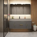 Modern Bathroom Interior Featuring Double Vanity Gray Cabinets Wooden Wall Mirror Hair Dryer And Toiletries