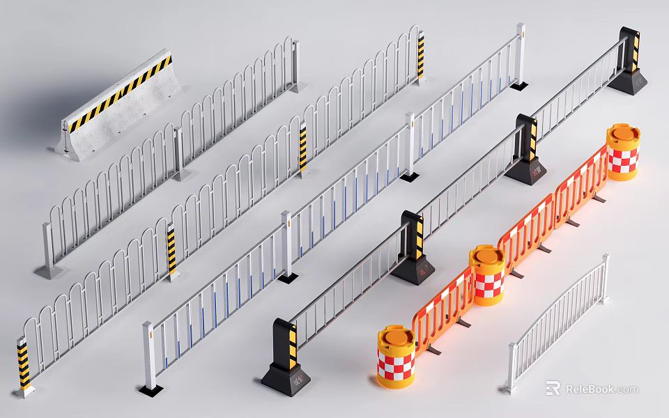 Various Types Of Metal Traffic Barriers With Warning Stripes And Orange Construction Bases 3d model 
