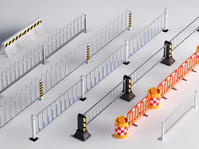 Various Types Of Metal Traffic Barriers With Warning Stripes And Orange Construction Bases 3d model
