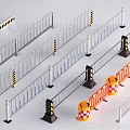 Various Types Of Metal Traffic Barriers With Warning Stripes And Orange Construction Bases