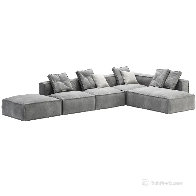 Modern Gray Fabric Sectional Sofa with Multiple Plush Cushions and L Shaped Design 3d model