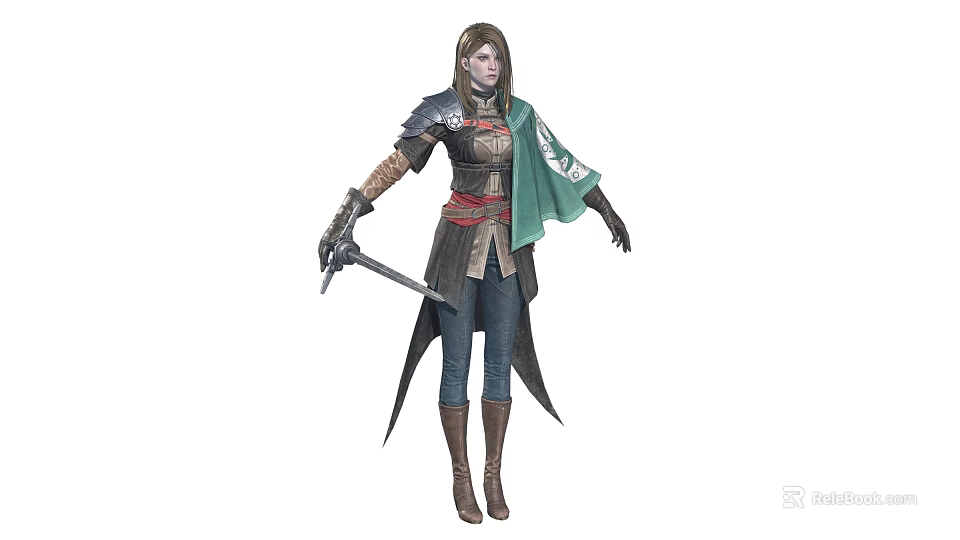 Fantasy Warrior Character With Green Cloak Sword And Wolf Companion Creature 3d model 