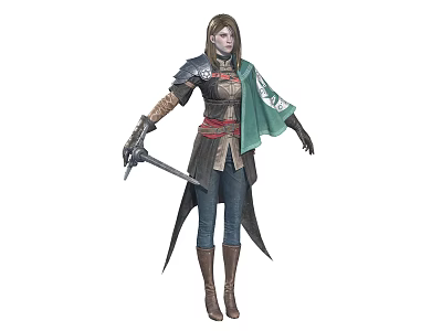 Fantasy Warrior Character With Green Cloak Sword And Wolf Companion Creature 3d model