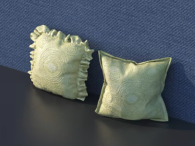Light Green Patterned Pillows With Ruffled Edge And Square Shape On Navy Wall And Black Tabletop 3d model