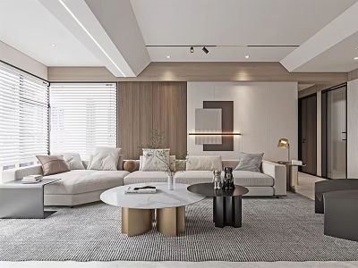 Modern Living Dining Room Interior Design With Sofa Cushions Marble Coffee Table And Wooden Wall 3d model