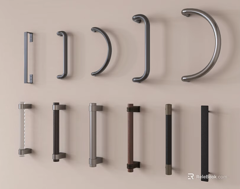 Different Styles Of Modern Door Handles With Metal Finishes And Curved Designs 3d model 
