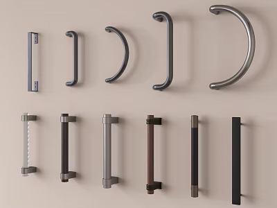 Different Styles Of Modern Door Handles With Metal Finishes And Curved Designs 3d model
