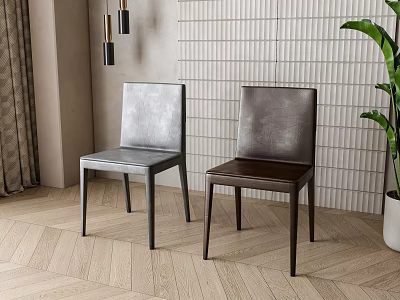 Gray And Dark Brown Leather Dining Chairs With Brick Wall Wooden Floor And Potted Plant 3d model