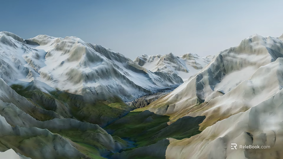 Natural Garden Landscape With Snow Capped Peaks Valley And River 3d model 