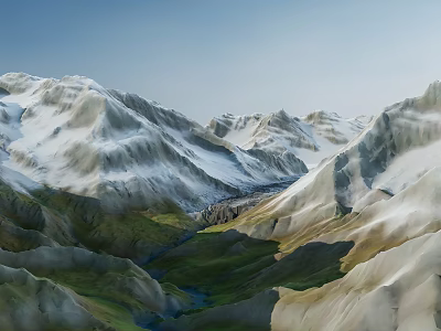 Natural Garden Landscape With Snow Capped Peaks Valley And River 3d model