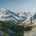 Natural Garden Landscape With Snow Capped Peaks Valley And River