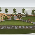 Lush Green Playground Park Landscape With Grass Mounds Slide Swings Wooden Structures And Trees