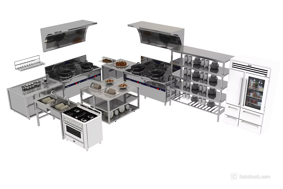 Commercial Kitchen Stainless Steel Cooking Appliances With Stoves Ovens And Refrigerators 3d model 