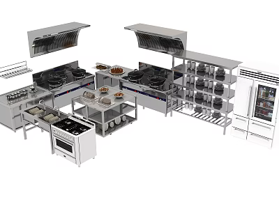 Commercial Kitchen Stainless Steel Cooking Appliances With Stoves Ovens And Refrigerators 3d model