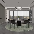 Modern Restaurant Interior Featuring Round Dining Table Black Chairs Pendant Light And Large Windows 3d model
