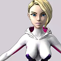 Blonde Female 3D Character Model With Purple White Bodysuit And Three Angle Standing Views