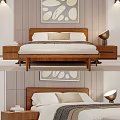 Modern Double Bed in Bedroom with Wooden Panel Wall Abstract Painting Nightstands and Wall Sconces