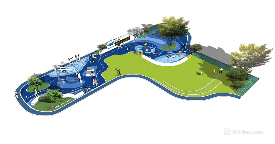 Children's Playground Design With Play Structures Green Lawn Trees And Activity Areas 3d model 