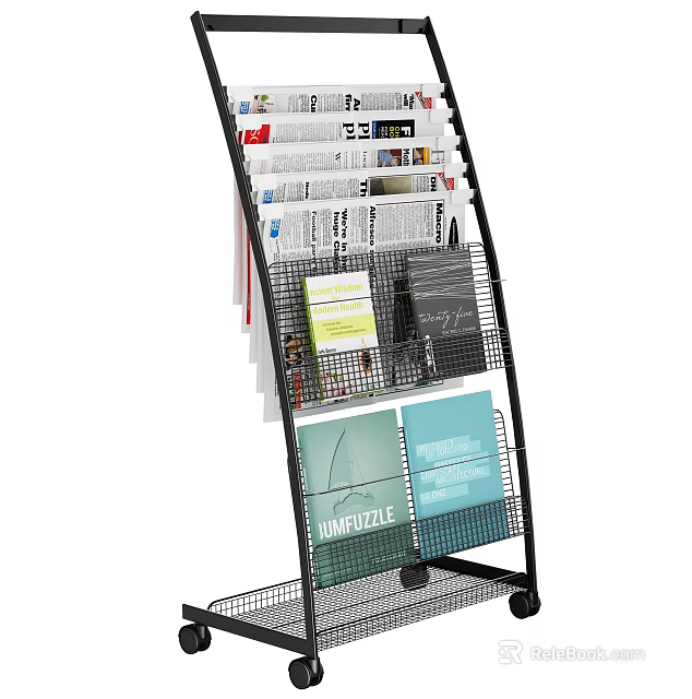 Black Metal Mobile Multi Tier Storage Rack for Magazines Newspapers 3d model
