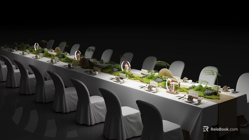 Elegant Dining Table Set With Long Table White Chairs Green Decor And Circular Lights 3d model 