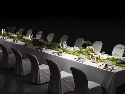 Elegant Dining Table Set With Long Table White Chairs Green Decor And Circular Lights 3d model