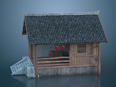 Chinese Ancient Architecture With Gray Tiled Roof Red Lanterns Wooden Structure And Carved Window 3d model