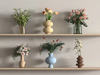 Decorative Flower Vases with Various Shapes Colors and Mixed Flowers on Wooden Shelves 3d model