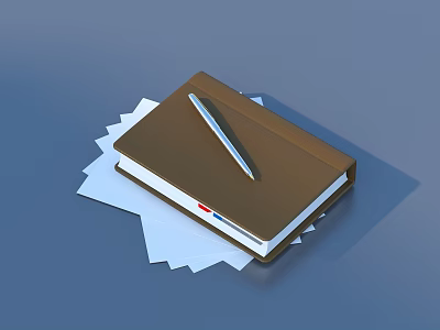 Brown Notebook With Silver Pen On White Papers Over Blue Background 3d model