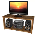 Wooden TV Stand with TV Speakers and Audio Video Equipment on Shelf