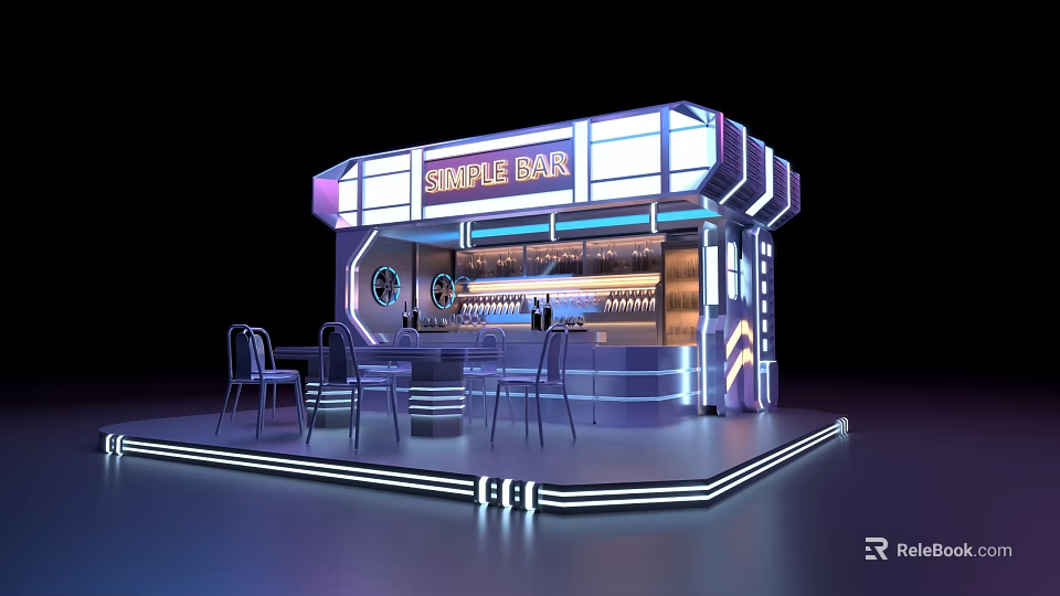 Modern Simple Bar Booth with Neon Lights Bar Counter and Chairs 3d model 