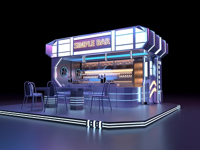 Modern Simple Bar Booth with Neon Lights Bar Counter and Chairs 3d model