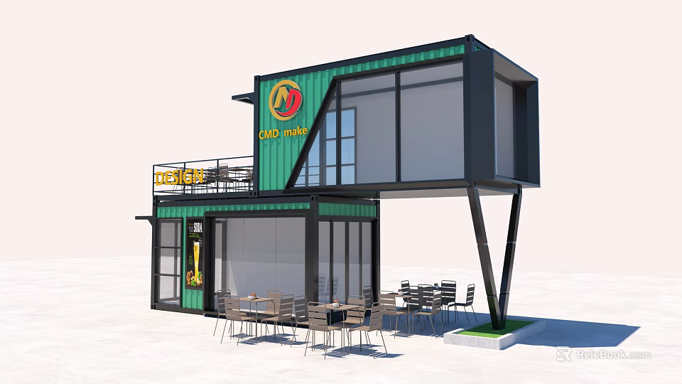 Modern Container Building Cafe With Green Black Exterior Large Windows And Outdoor Tables 3d model 