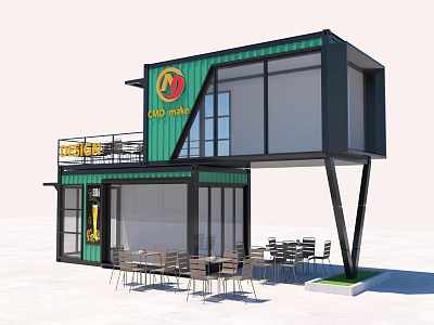 Modern Container Building Cafe With Green Black Exterior Large Windows And Outdoor Tables 3d model
