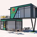 Modern Container Building Cafe With Green Black Exterior Large Windows And Outdoor Tables