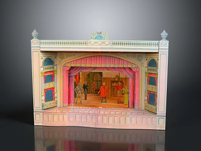 Ornate Open Design Stage Model With Pink Curtains Miniature Figurines And Decorative Details 3d model