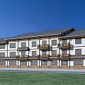 Traditional Multi Story Building Exterior With Wooden Brick Facade Balconies Garages And Green Lawn