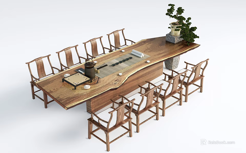 Natural Wooden Tea Table And Chairs With Tea Set And Potted Plant 3d model 