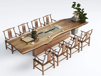 Natural Wooden Tea Table And Chairs With Tea Set And Potted Plant 3d model