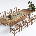 Natural Wooden Tea Table And Chairs With Tea Set And Potted Plant