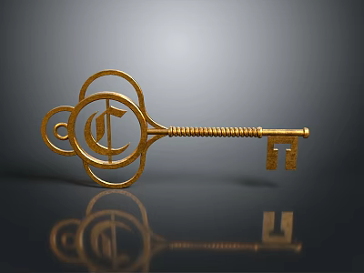 Elegant Golden Key With Intricate Handle Design And Reflective Surface As Decorative Household Item 3d model