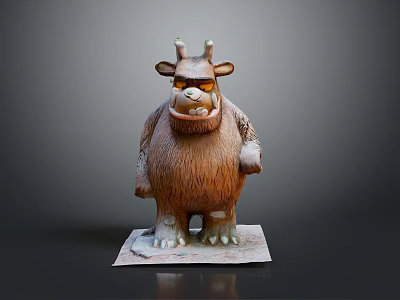 Artistic Furry Horned Monster Sculpture With Detailed Design On Square Base 3d model