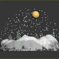 Snow Covered Circular Terrain With Blue Water Area Green Trees Yellow Sphere And Falling Snowflakes