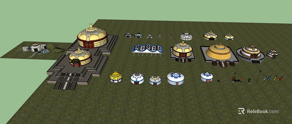 Colorful Traditional Yurts in Various Sizes with Platforms on Green Grassland Outdoor Scene 3d model 