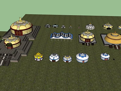 Colorful Traditional Yurts in Various Sizes with Platforms on Green Grassland Outdoor Scene 3d model