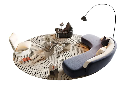 Modern Curved Sofa And Coffee Table Set With Patterned Rug Accent Chair And Floor Lamp 3d model