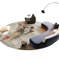 Modern Curved Sofa And Coffee Table Set With Patterned Rug Accent Chair And Floor Lamp