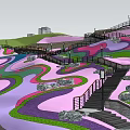 Park Landscape Design Featuring Winding Paths Colorful Green And Pink Areas Walkways And Surrounding Buildings