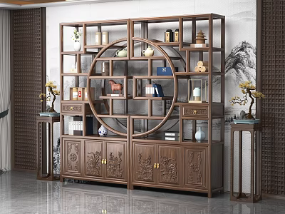 Traditional Chinese Wooden Curio Shelf With Ornaments Vases And Side Tables In Interior Decor 3d model