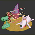 White Dog On Yellow Mat With Red Collar Green Fan Red Pot And Colorful Ribbons